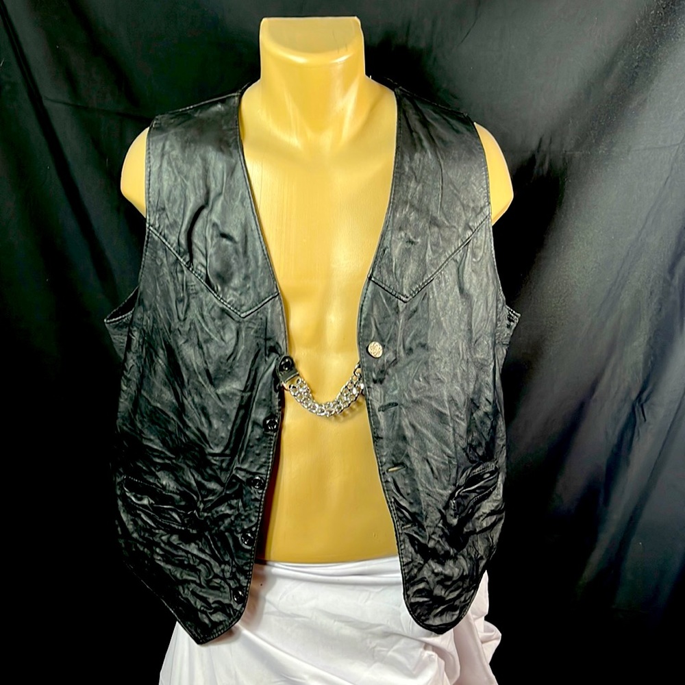 Black Leather vest with button chain